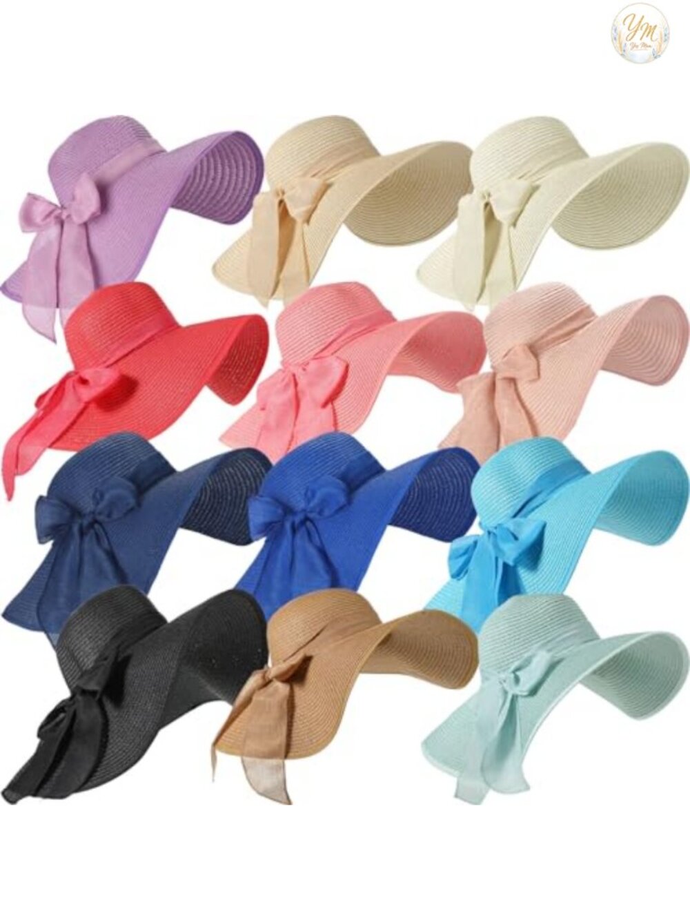 12 Pack Women's Wide Brim Floppy Straw Sun Hat UPF Adjustable Beach Boating